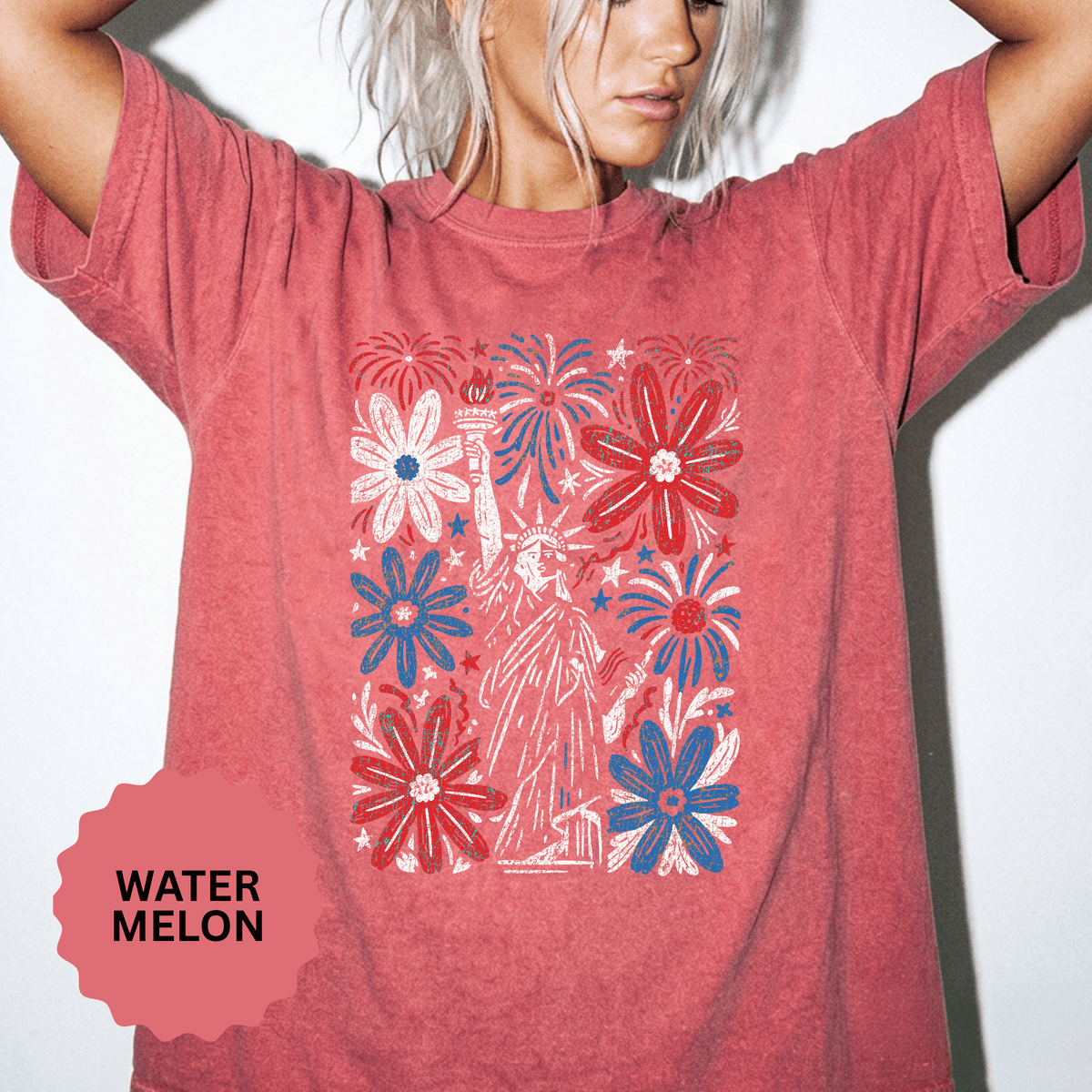 Patriotic Fireworks Shirt, Red White Blue Flower Graphic Tee, Americana T Shirt, Fourth of July Outfit, Vintage USA Gift for Women
