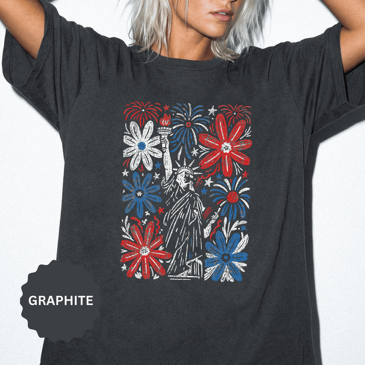 Patriotic Fireworks Shirt, Red White Blue Flower Graphic Tee, Americana T Shirt, Fourth of July Outfit, Vintage USA Gift for Women