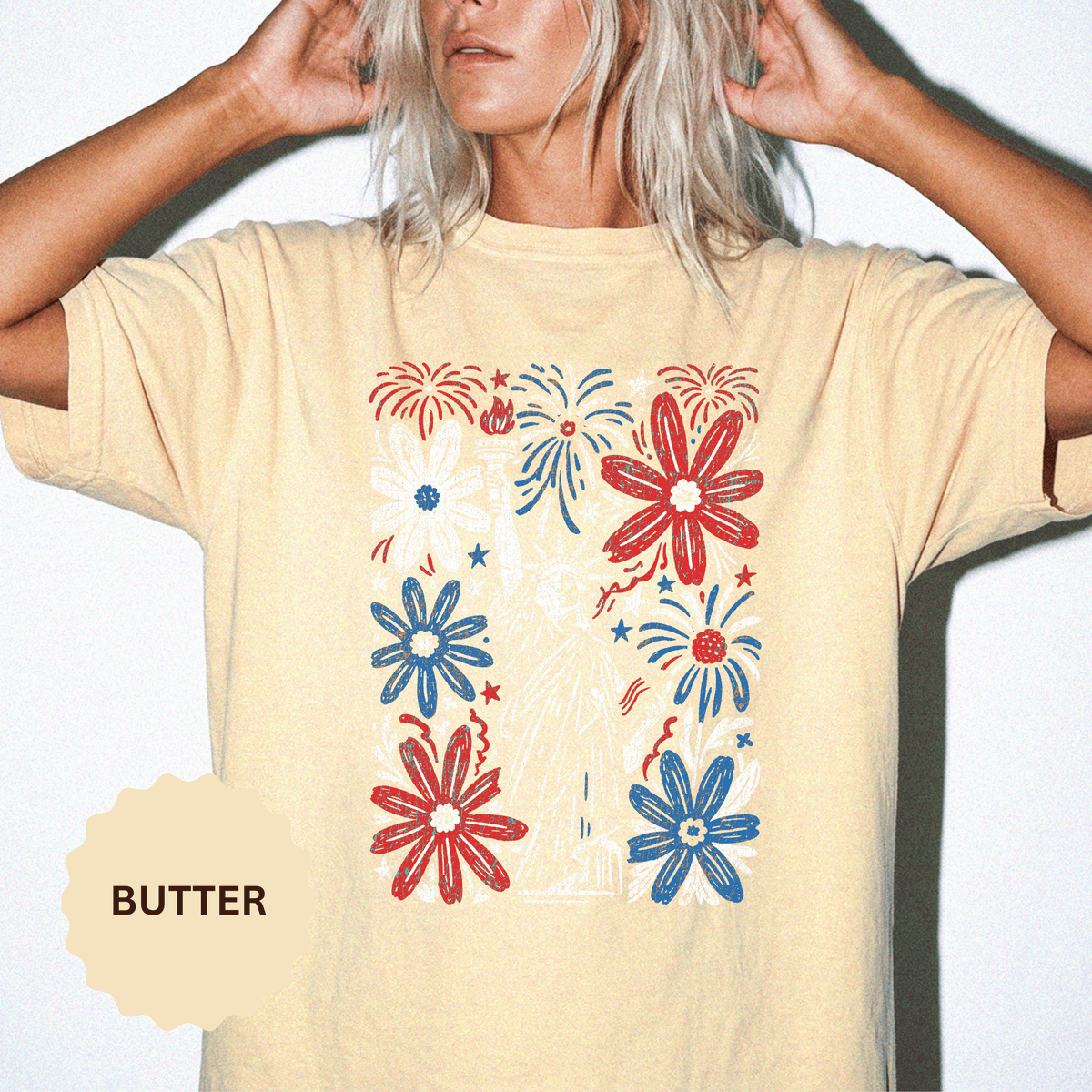 Patriotic Fireworks Shirt, Red White Blue Flower Graphic Tee, Americana T Shirt, Fourth of July Outfit, Vintage USA Gift for Women