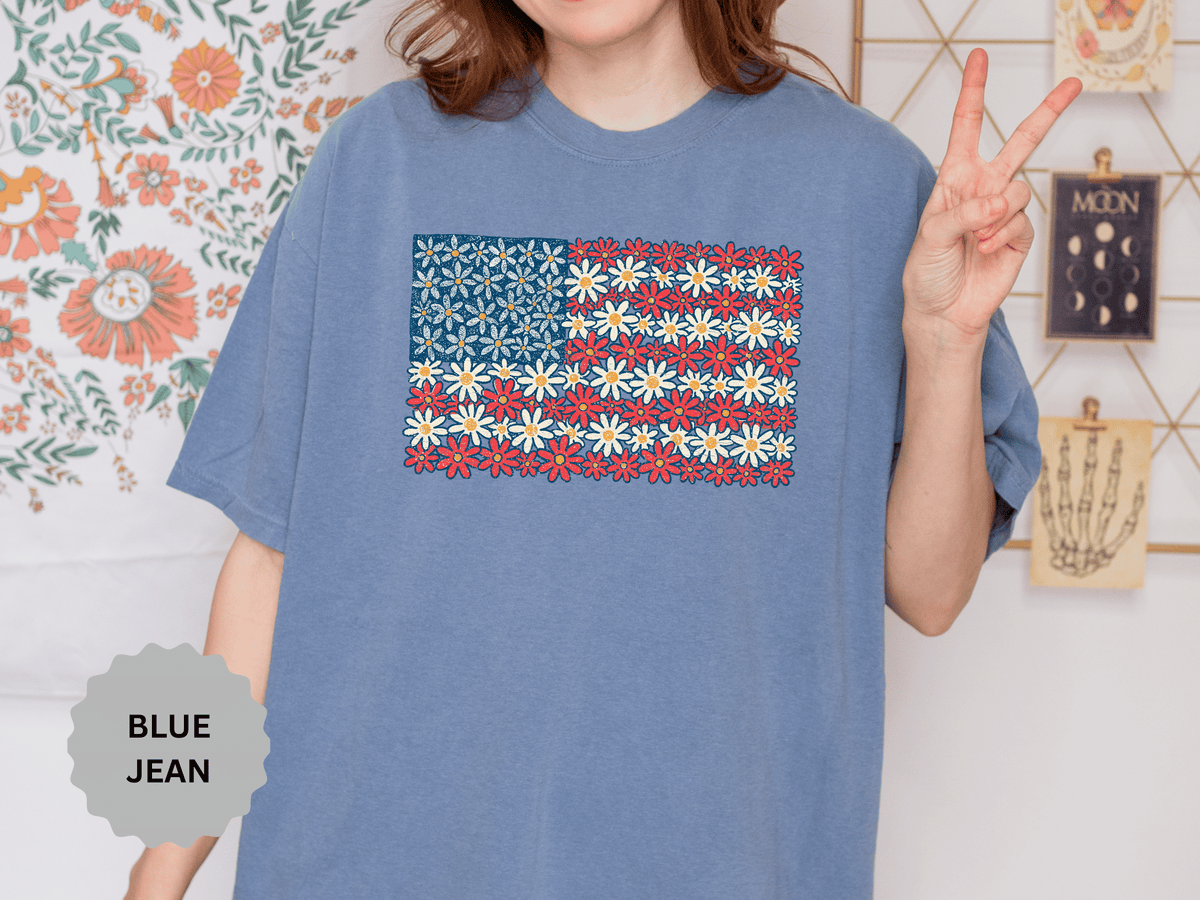 American Flag Floral Shirt, Patriotic Flower Graphic Tee, Vintage Americana T Shirt, Fourth of July Outfit, Red White Blue Gift