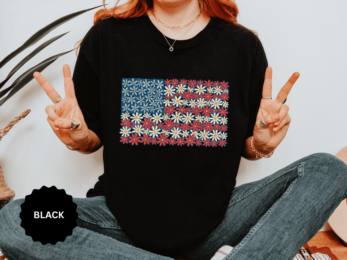 American Flag Floral Shirt, Patriotic Flower Graphic Tee, Vintage Americana T Shirt, Fourth of July Outfit, Red White Blue Gift