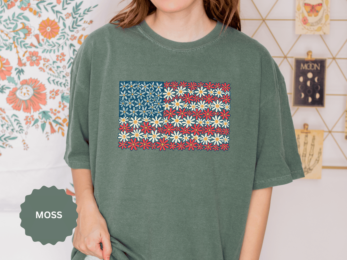 American Flag Floral Shirt, Patriotic Flower Graphic Tee, Vintage Americana T Shirt, Fourth of July Outfit, Red White Blue Gift