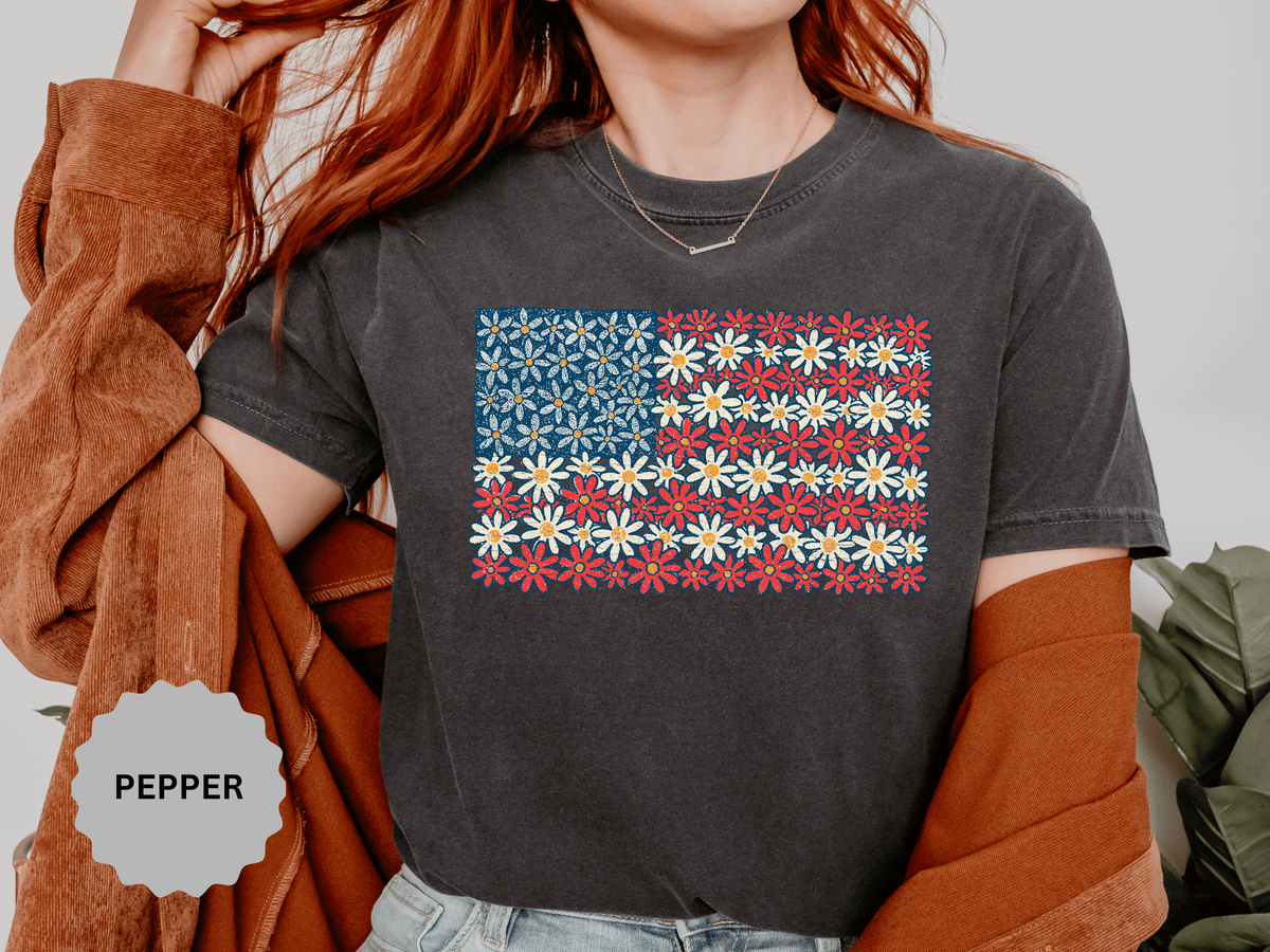 American Flag Floral Shirt, Patriotic Flower Graphic Tee, Vintage Americana T Shirt, Fourth of July Outfit, Red White Blue Gift