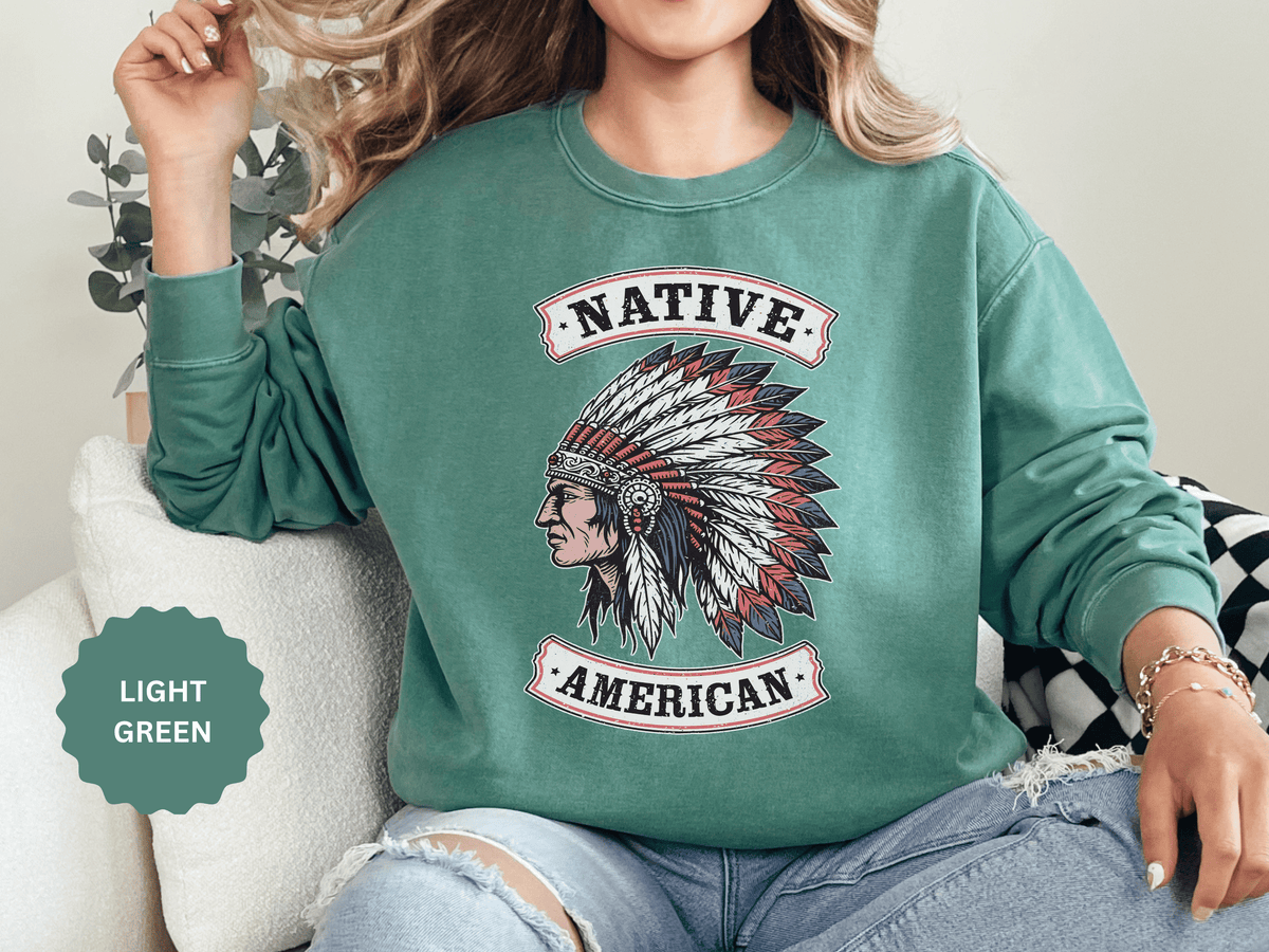 Native American Headdress Sweatshirt, Patriotic USA Graphic Pullover, Vintage Americana Style, Western Gift, Fourth of July Sweatshirt