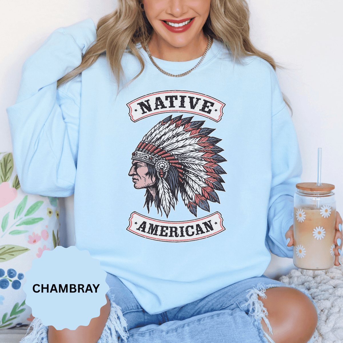 Native American Headdress Sweatshirt, Patriotic USA Graphic Pullover, Vintage Americana Style, Western Gift, Fourth of July Sweatshirt