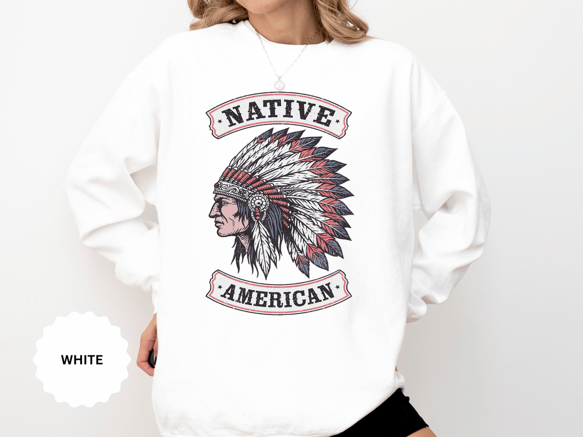Native American Headdress Sweatshirt, Patriotic USA Graphic Pullover, Vintage Americana Style, Western Gift, Fourth of July Sweatshirt