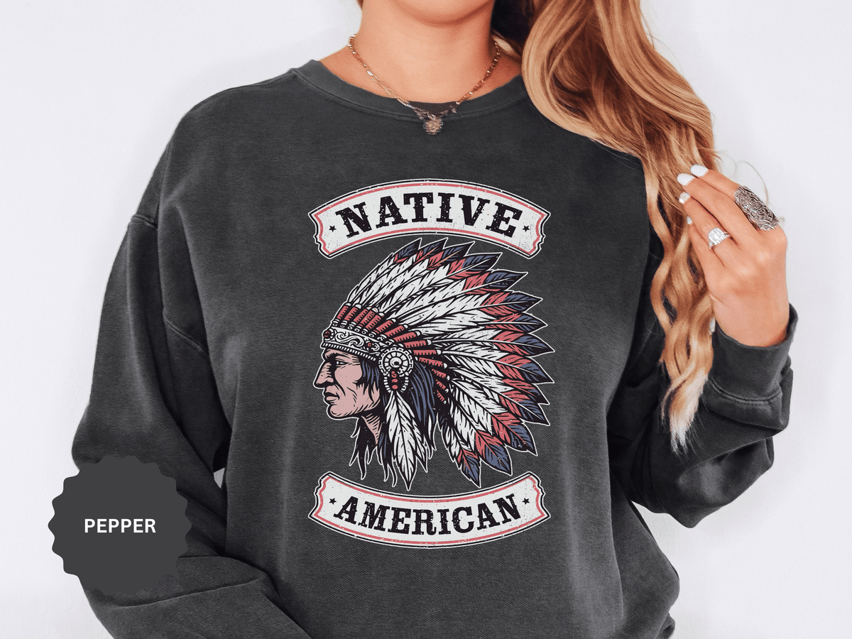 Native American Headdress Sweatshirt, Patriotic USA Graphic Pullover, Vintage Americana Style, Western Gift, Fourth of July Sweatshirt
