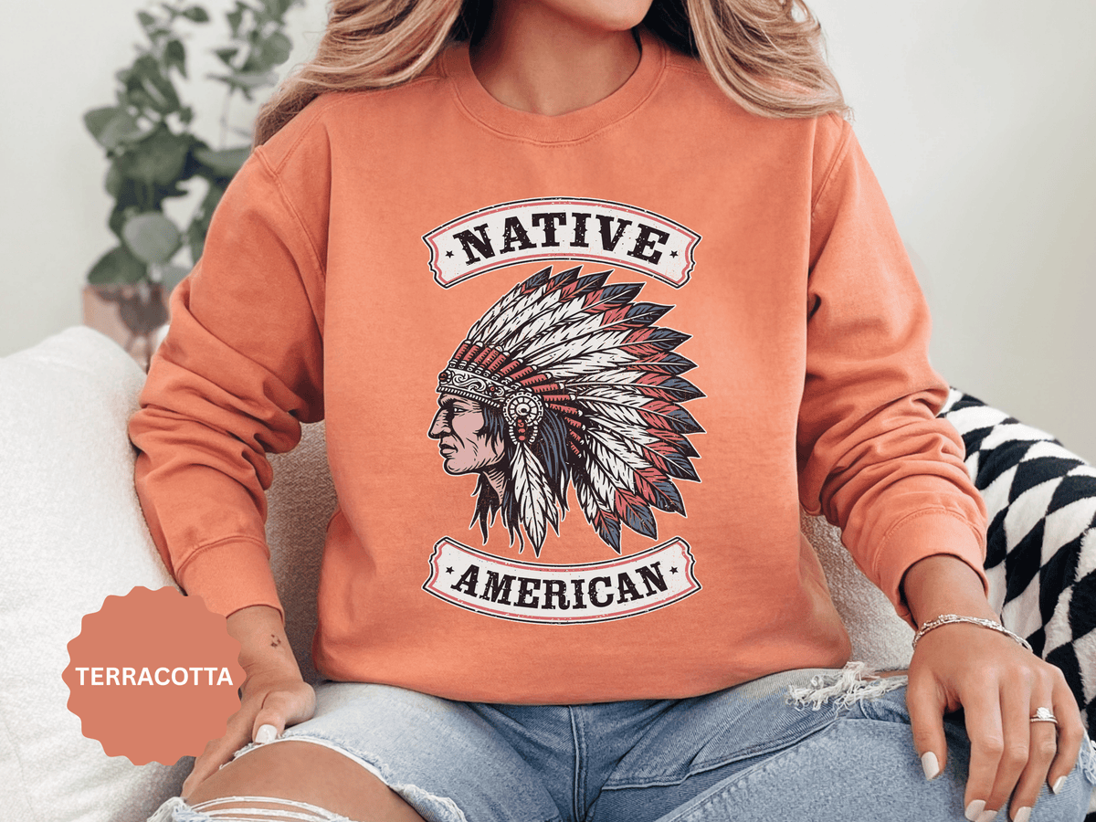 Native American Headdress Sweatshirt, Patriotic USA Graphic Pullover, Vintage Americana Style, Western Gift, Fourth of July Sweatshirt