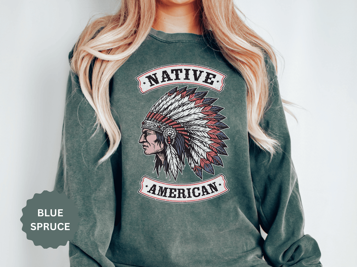 Native American Headdress Sweatshirt, Patriotic USA Graphic Pullover, Vintage Americana Style, Western Gift, Fourth of July Sweatshirt