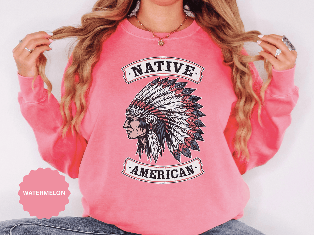 Native American Headdress Sweatshirt, Patriotic USA Graphic Pullover, Vintage Americana Style, Western Gift, Fourth of July Sweatshirt