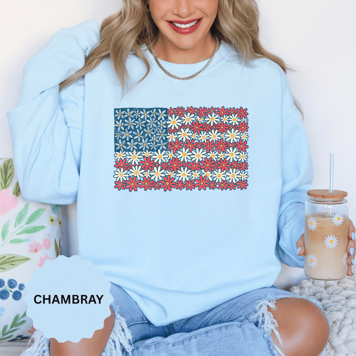 American Flag Floral Sweatshirt, Patriotic Flower Graphic Pullover, Vintage Americana Crewneck, Fourth of July Outfit, USA Gift