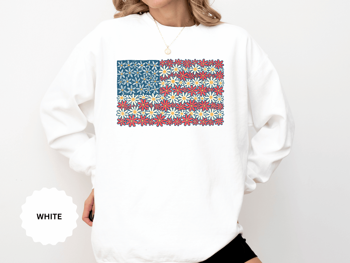 American Flag Floral Sweatshirt, Patriotic Flower Graphic Pullover, Vintage Americana Crewneck, Fourth of July Outfit, USA Gift