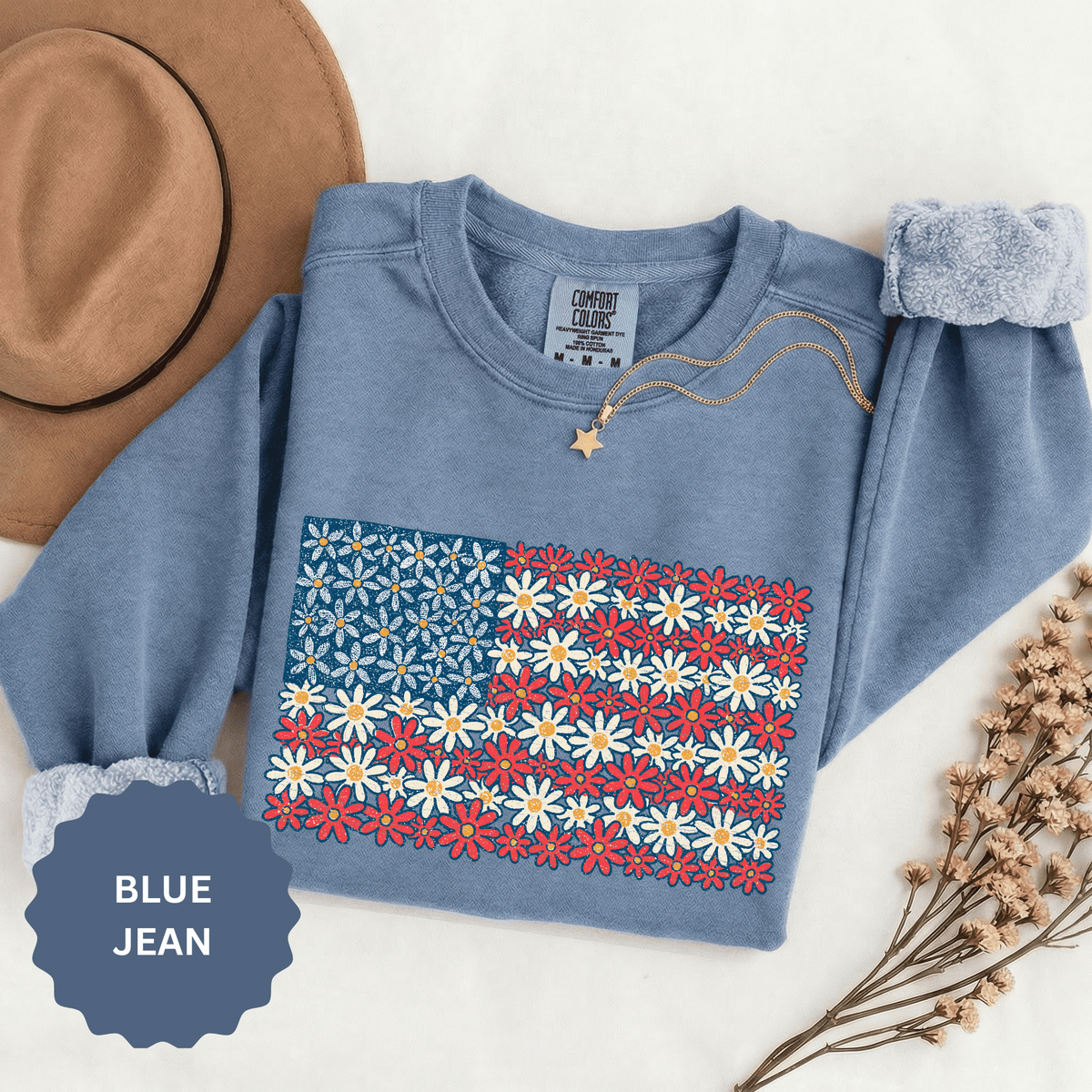 American Flag Floral Sweatshirt, Patriotic Flower Graphic Pullover, Vintage Americana Crewneck, Fourth of July Outfit, USA Gift