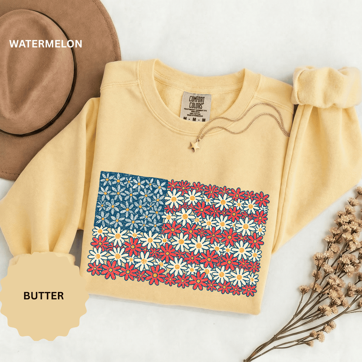 American Flag Floral Sweatshirt, Patriotic Flower Graphic Pullover, Vintage Americana Crewneck, Fourth of July Outfit, USA Gift