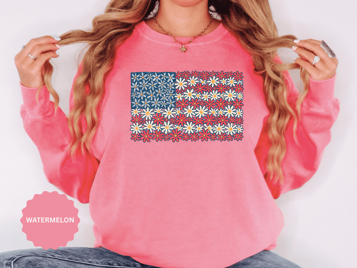 American Flag Floral Sweatshirt, Patriotic Flower Graphic Pullover, Vintage Americana Crewneck, Fourth of July Outfit, USA Gift