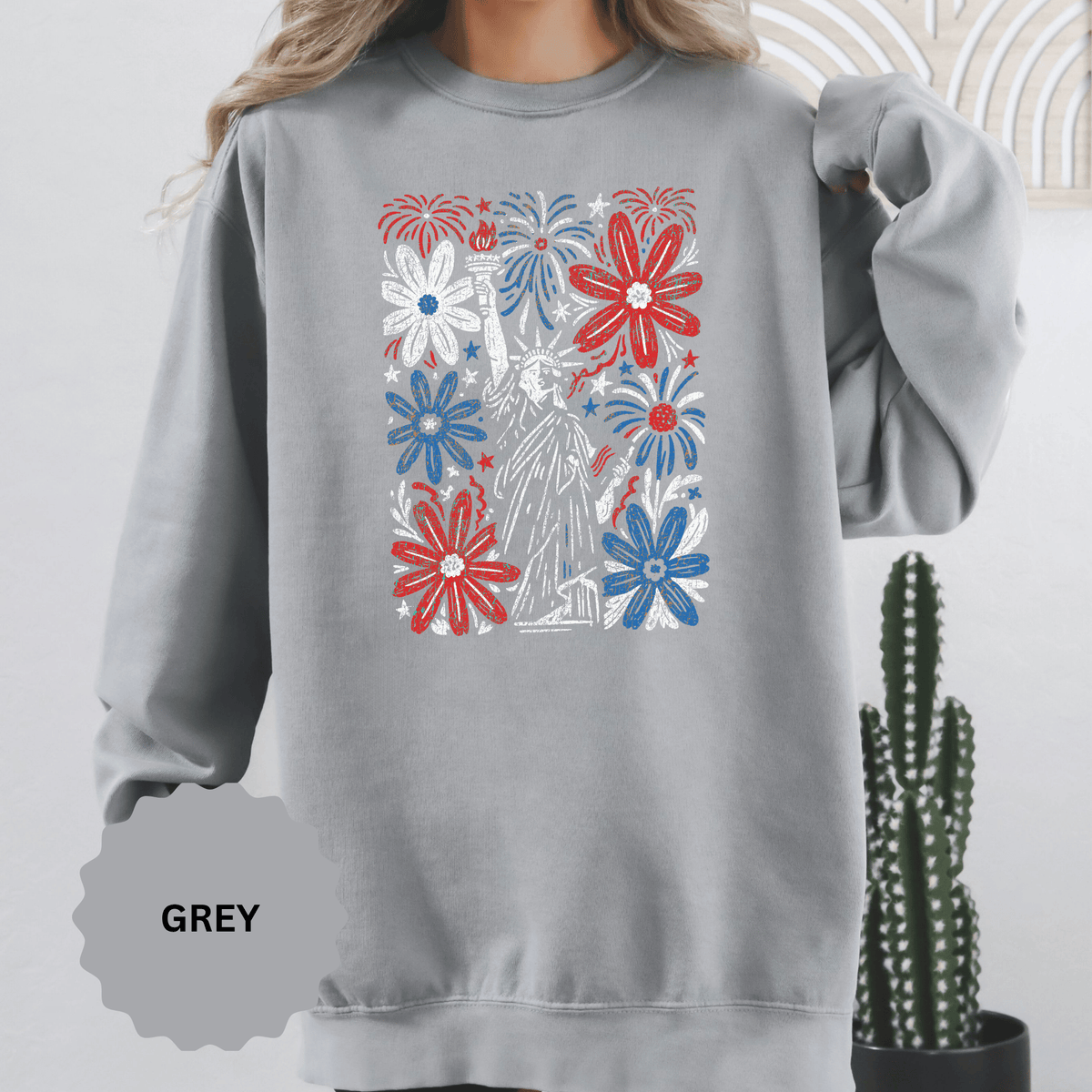 Patriotic Fireworks Sweatshirt, Red White Blue Flower Graphic Pullover, Americana Crewneck, Fourth of July Outfit, USA Gift