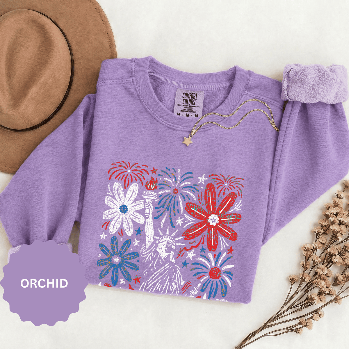 Patriotic Fireworks Sweatshirt, Red White Blue Flower Graphic Pullover, Americana Crewneck, Fourth of July Outfit, USA Gift