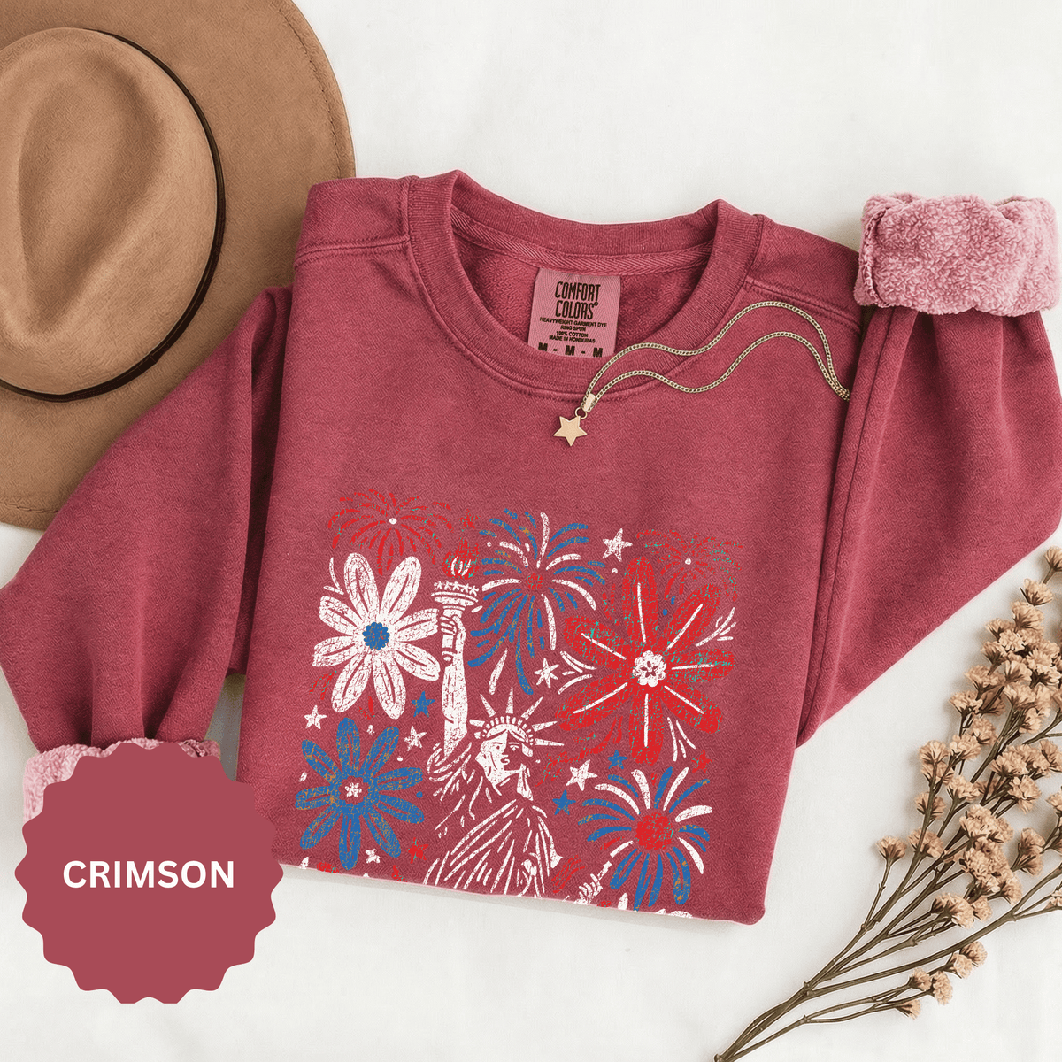 Patriotic Fireworks Sweatshirt, Red White Blue Flower Graphic Pullover, Americana Crewneck, Fourth of July Outfit, USA Gift