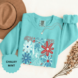 Patriotic Fireworks Sweatshirt, Red White Blue Flower Graphic Pullover, Americana Crewneck, Fourth of July Outfit, USA Gift