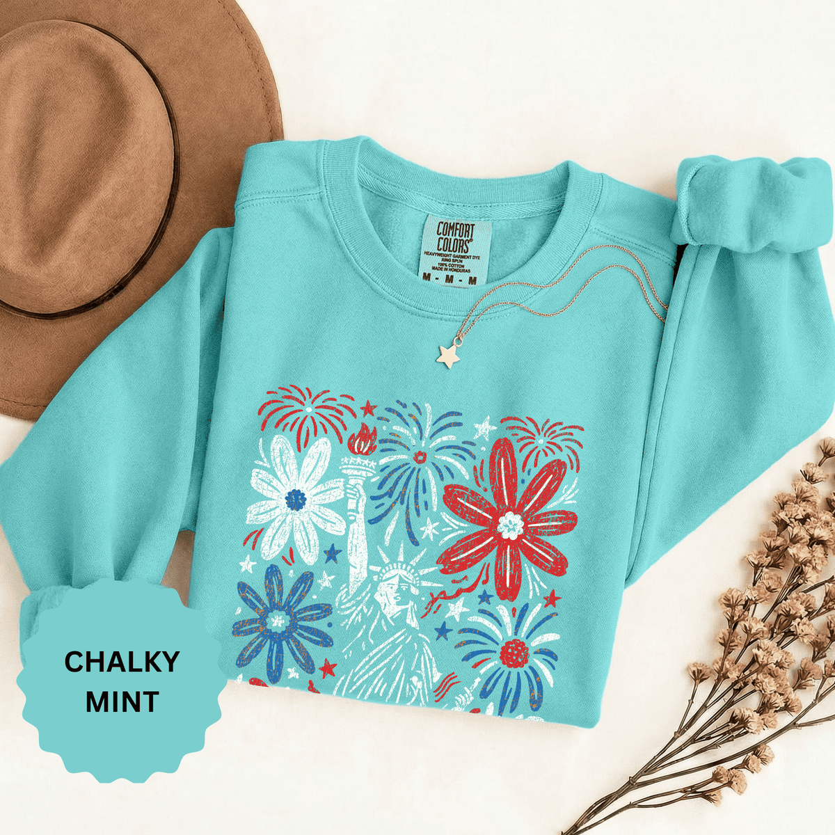 Patriotic Fireworks Sweatshirt, Red White Blue Flower Graphic Pullover, Americana Crewneck, Fourth of July Outfit, USA Gift