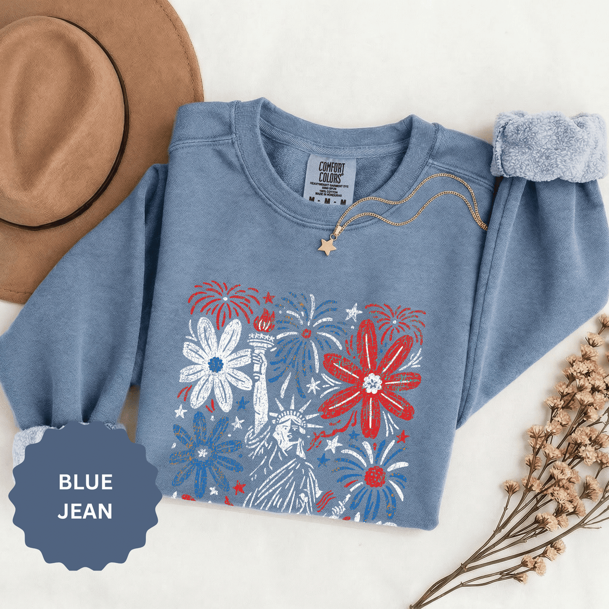Patriotic Fireworks Sweatshirt, Red White Blue Flower Graphic Pullover, Americana Crewneck, Fourth of July Outfit, USA Gift