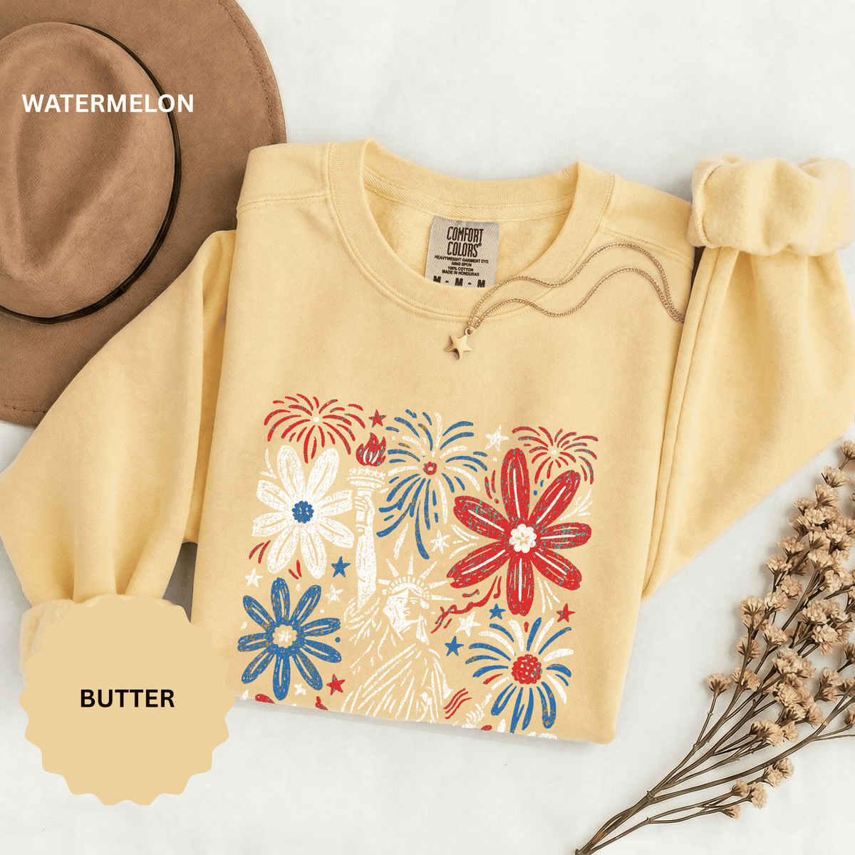Patriotic Fireworks Sweatshirt, Red White Blue Flower Graphic Pullover, Americana Crewneck, Fourth of July Outfit, USA Gift
