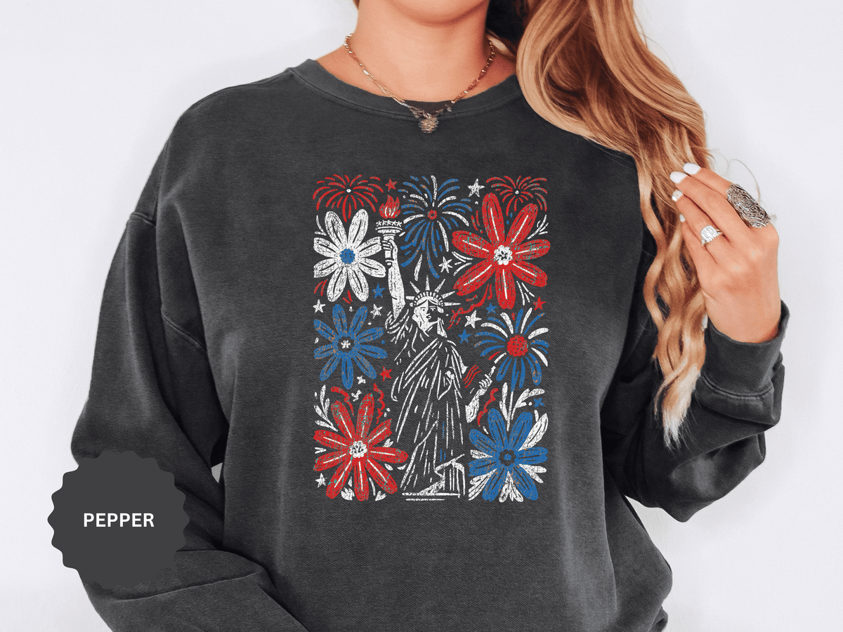 Patriotic Fireworks Sweatshirt, Red White Blue Flower Graphic Pullover, Americana Crewneck, Fourth of July Outfit, USA Gift