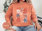Patriotic Fireworks Sweatshirt, Red White Blue Flower Graphic Pullover, Americana Crewneck, Fourth of July Outfit, USA Gift