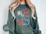 Patriotic Fireworks Sweatshirt, Red White Blue Flower Graphic Pullover, Americana Crewneck, Fourth of July Outfit, USA Gift