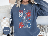 Patriotic Fireworks Sweatshirt, Red White Blue Flower Graphic Pullover, Americana Crewneck, Fourth of July Outfit, USA Gift