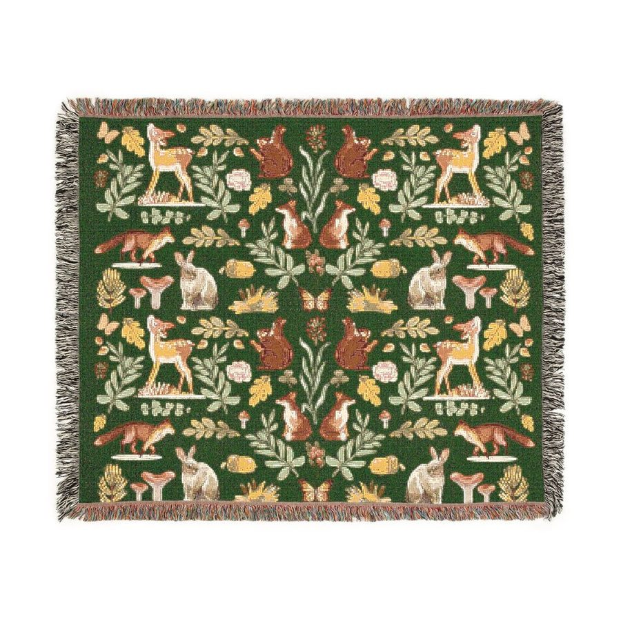 Olive Green Forest Animals Woven Blanket, Woodland Throw Blanket, Cottagecore Home Decor, Nature Inspired Cotton Blanket, Cozy Forest Gift