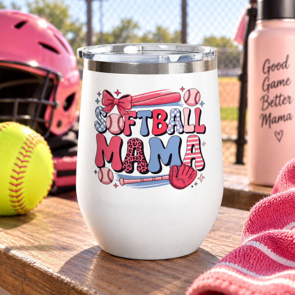 Softball Mama Wine Tumbler, Softball Mom Gift for Game Day, Sports Mom Drinkware, Team Mom Gift, Cute Softball Season Gift for Her