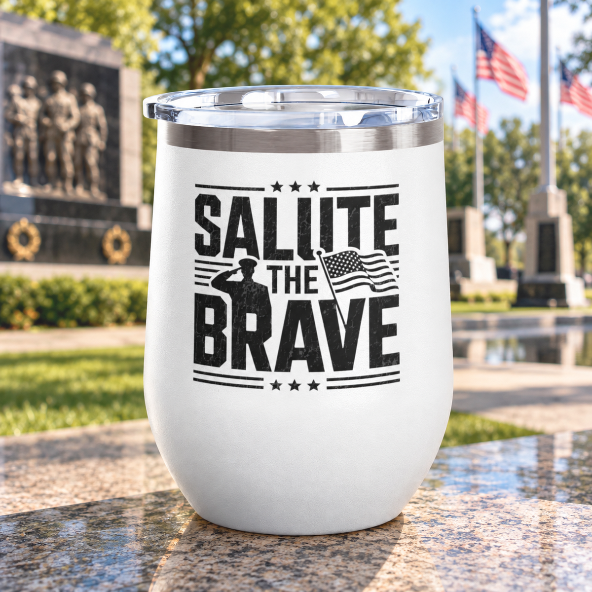Patriotic Military Wine Tumbler, Salute the Brave Drinkware, Veteran Gift, Soldier Appreciation Gift, American Flag Wine Cup
