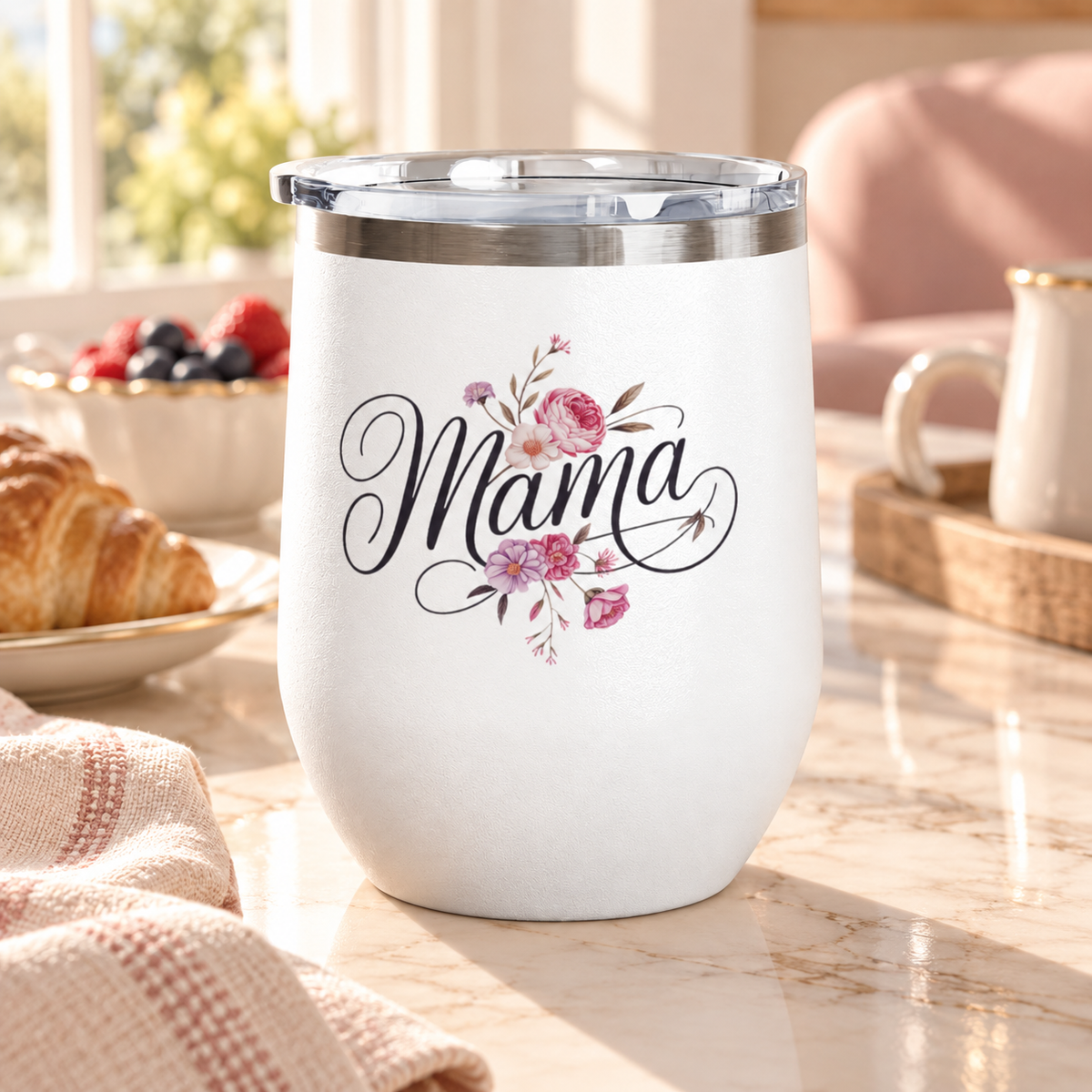 Mama Wine Tumbler, Floral Mom Gift, Mothers Day Wine Cup, Flower Drinkware for Mom, Mama Gift, Birthday Gift for Mother