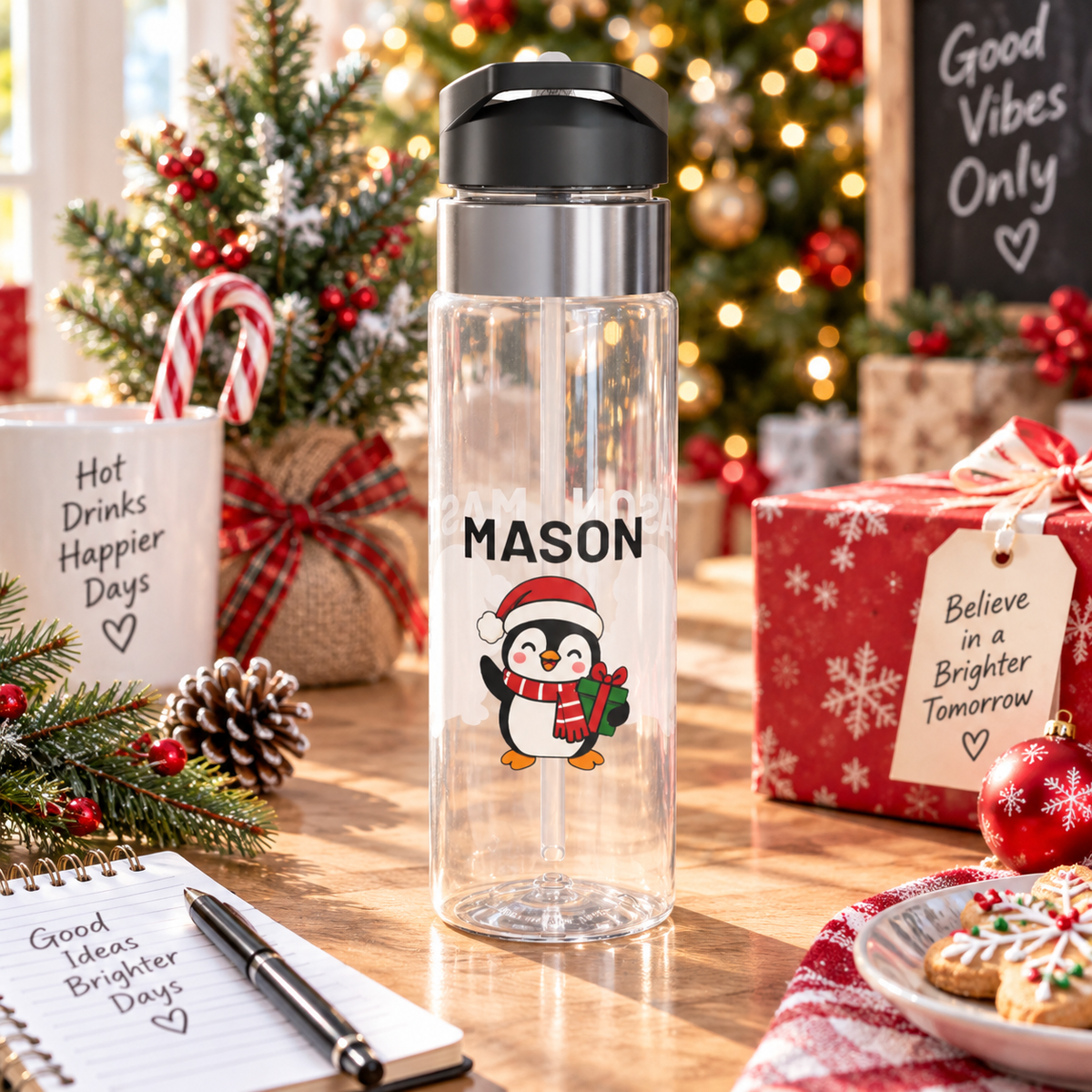 Custom Penguin Name Water Bottle, Personalized Christmas Drink Bottle for Kids, Cute Winter School Bottle, Holiday Gift for Boys and Girls