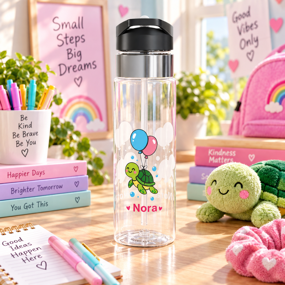 Personalized Turtle Water Bottle for Girls, Custom Name Kids Drink Bottle, Cute Sea Turtle School Bottle, Birthday Gift for Her
