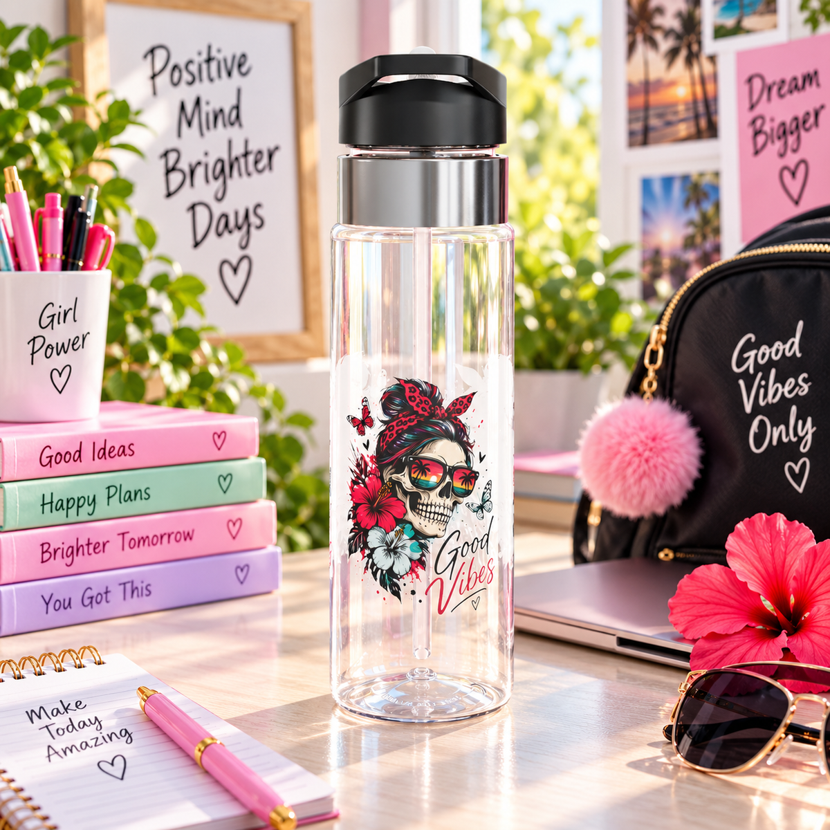 Good Vibes Water Bottle for Women, Tropical Skull Floral Drink Bottle, Retro Beach Lover Gift, Colorful Summer Gift for Her