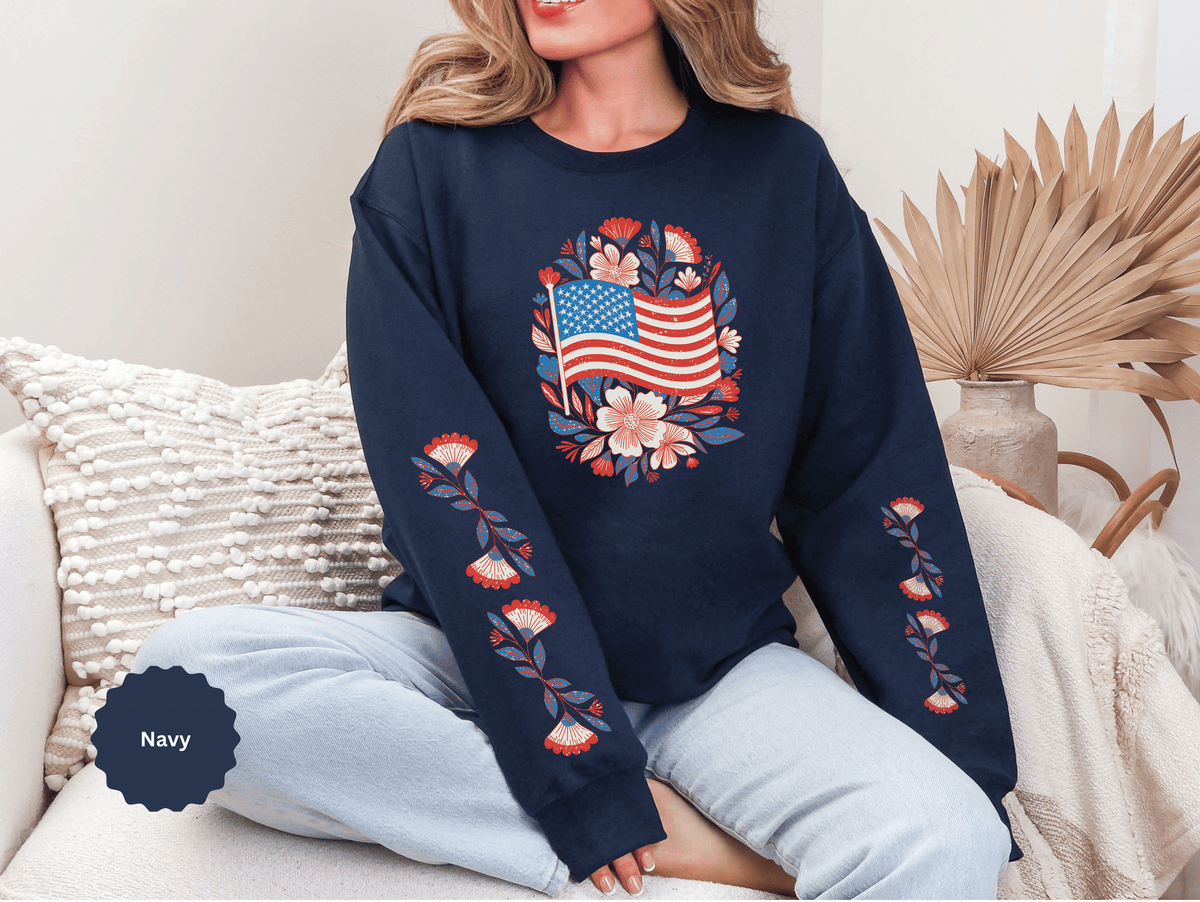 Floral American Flag Sweatshirt, Patriotic USA Pullover, Red White Blue Flower Top, Fourth of July Outfit, Americana Gift for Women