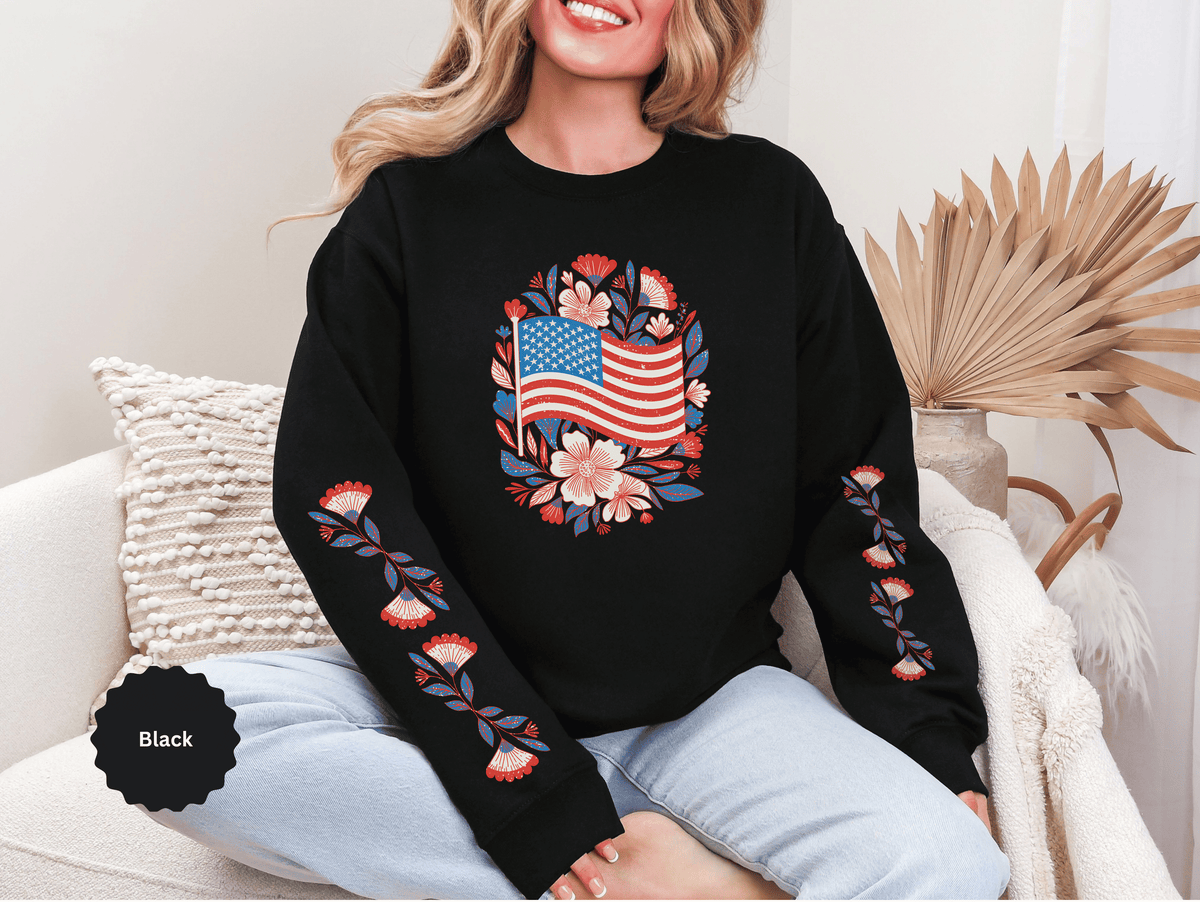 Floral American Flag Sweatshirt, Patriotic USA Pullover, Red White Blue Flower Top, Fourth of July Outfit, Americana Gift for Women