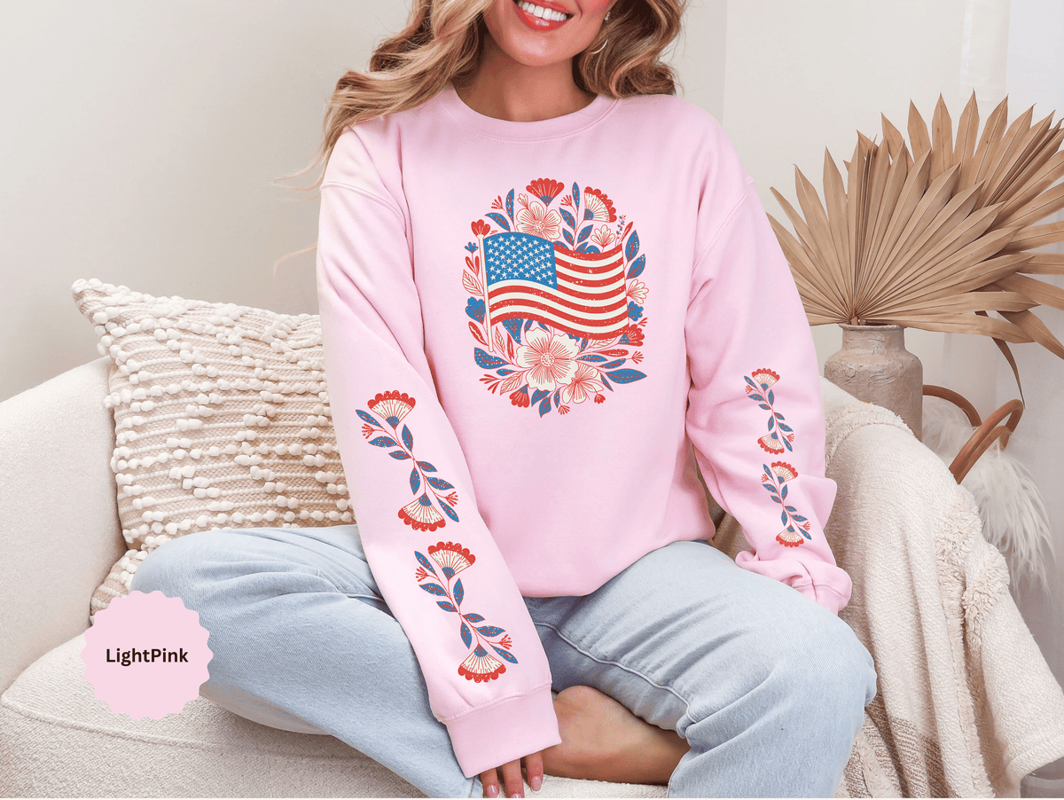 Floral American Flag Sweatshirt, Patriotic USA Pullover, Red White Blue Flower Top, Fourth of July Outfit, Americana Gift for Women
