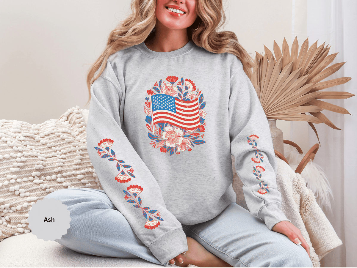 Floral American Flag Sweatshirt, Patriotic USA Pullover, Red White Blue Flower Top, Fourth of July Outfit, Americana Gift for Women