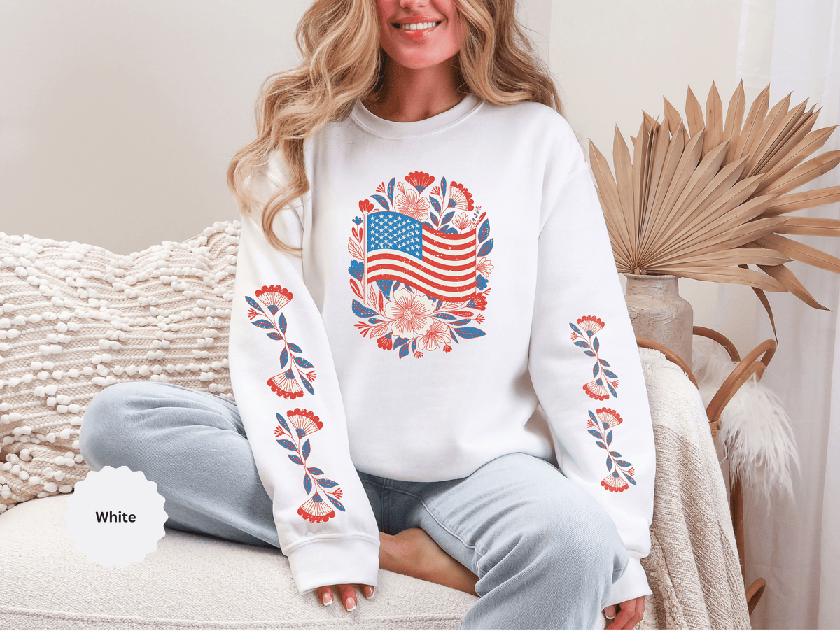 Floral American Flag Sweatshirt, Patriotic USA Pullover, Red White Blue Flower Top, Fourth of July Outfit, Americana Gift for Women