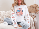 Floral American Flag Sweatshirt, Patriotic USA Pullover, Red White Blue Flower Top, Fourth of July Outfit, Americana Gift for Women