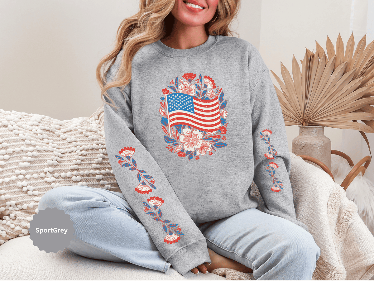 Floral American Flag Sweatshirt, Patriotic USA Pullover, Red White Blue Flower Top, Fourth of July Outfit, Americana Gift for Women