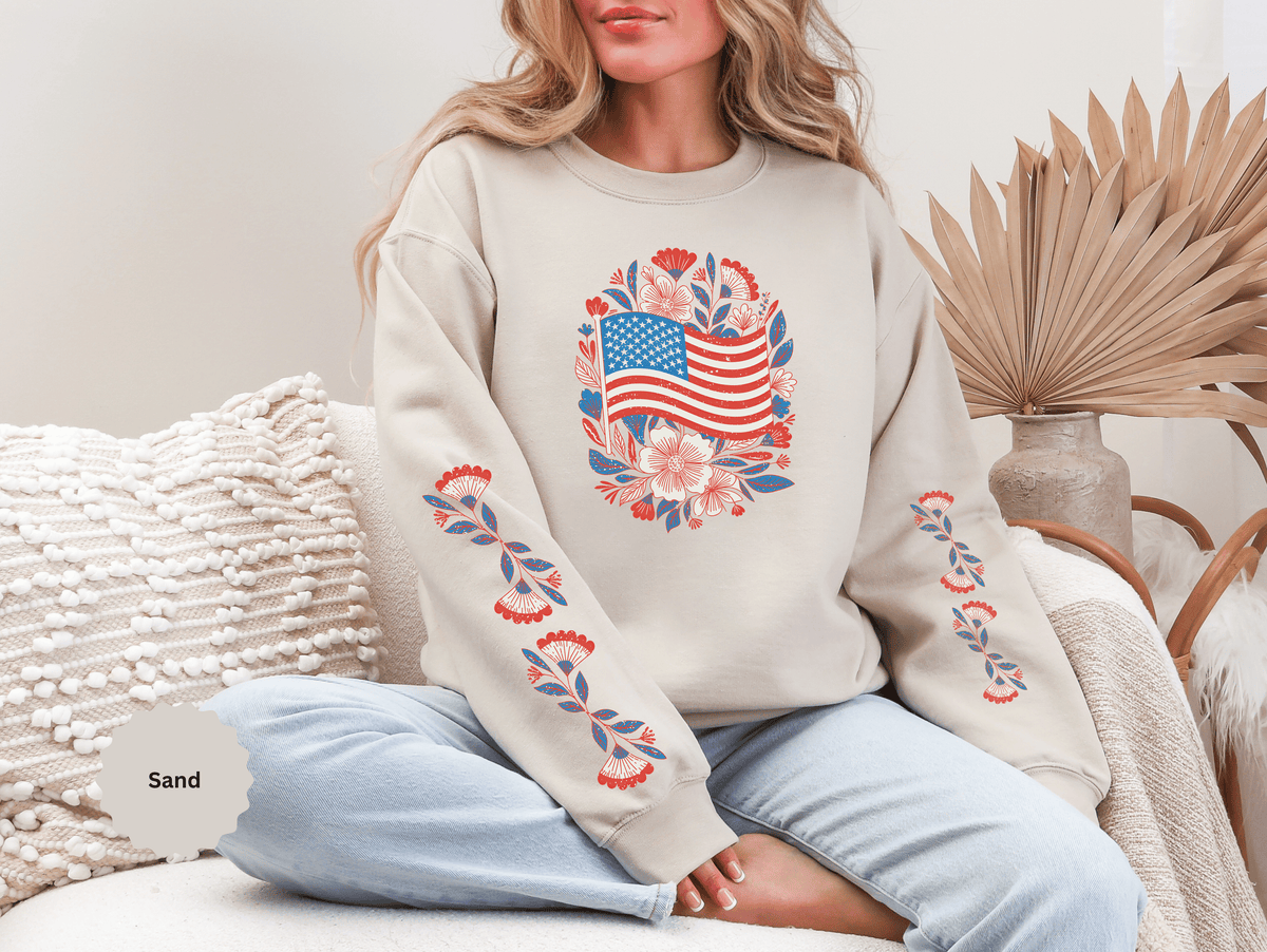 Floral American Flag Sweatshirt, Patriotic USA Pullover, Red White Blue Flower Top, Fourth of July Outfit, Americana Gift for Women
