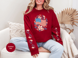 Floral American Flag Sweatshirt, Patriotic USA Pullover, Red White Blue Flower Top, Fourth of July Outfit, Americana Gift for Women