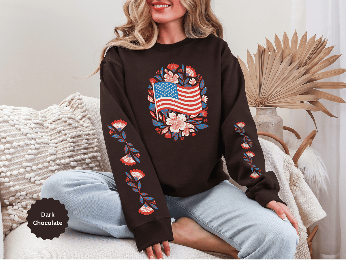 Floral American Flag Sweatshirt, Patriotic USA Pullover, Red White Blue Flower Top, Fourth of July Outfit, Americana Gift for Women