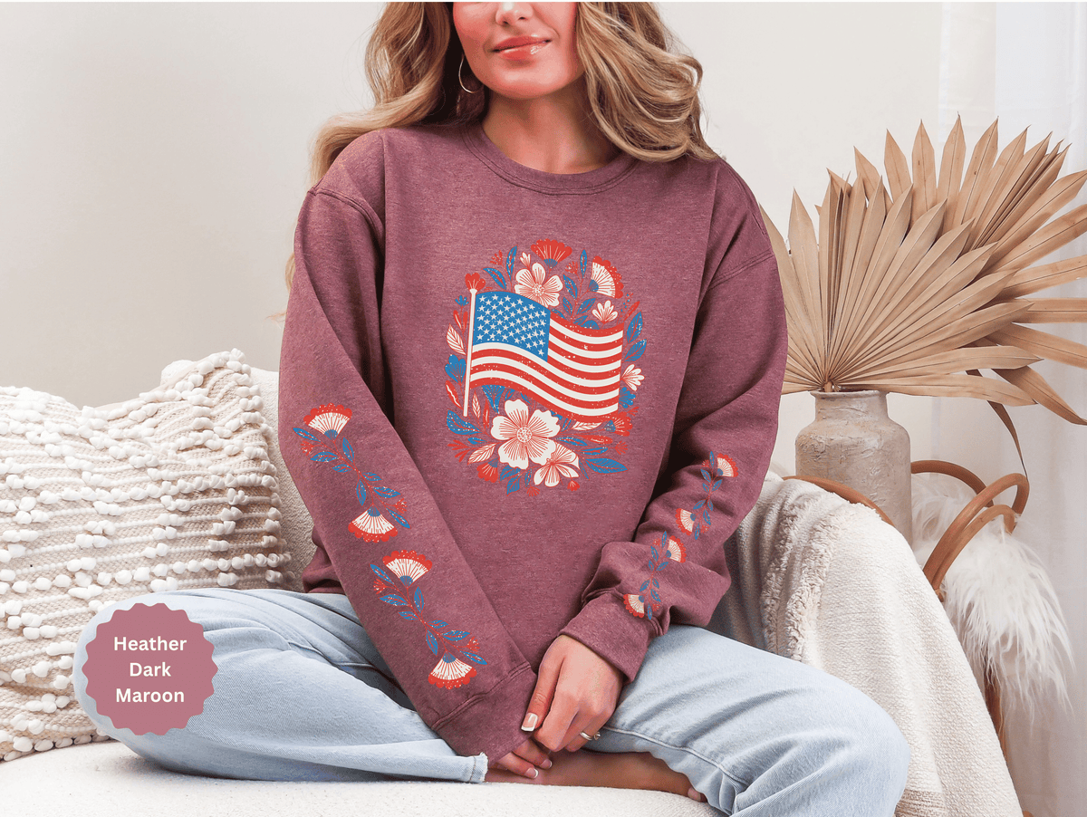 Floral American Flag Sweatshirt, Patriotic USA Pullover, Red White Blue Flower Top, Fourth of July Outfit, Americana Gift for Women