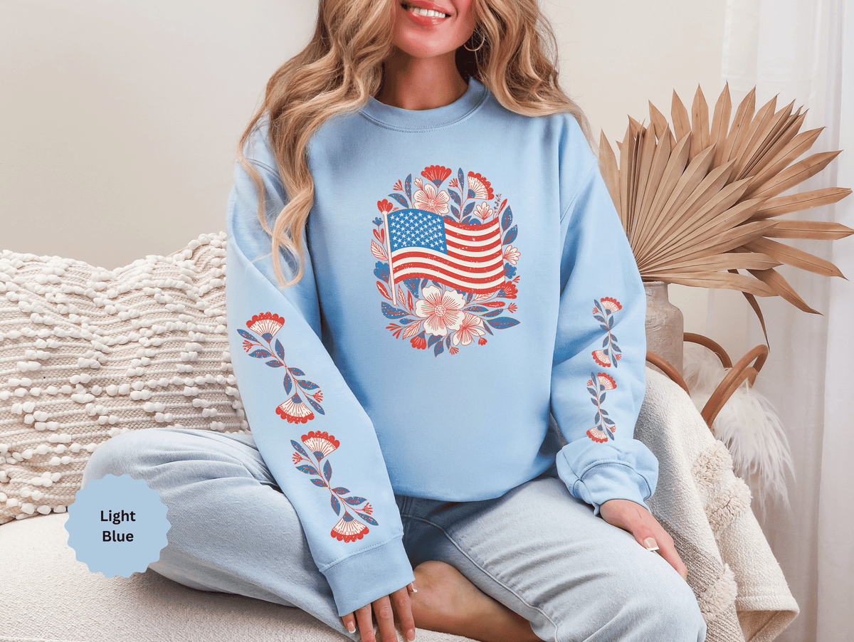 Floral American Flag Sweatshirt, Patriotic USA Pullover, Red White Blue Flower Top, Fourth of July Outfit, Americana Gift for Women