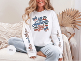 All American Girl Sweatshirt, Patriotic Womens Pullover, USA Flag Cherry Top, Vintage Americana Style, Fourth of July Gift